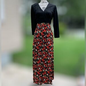 Vintage 60s Black Cherry and Floral Print Maxi Dress